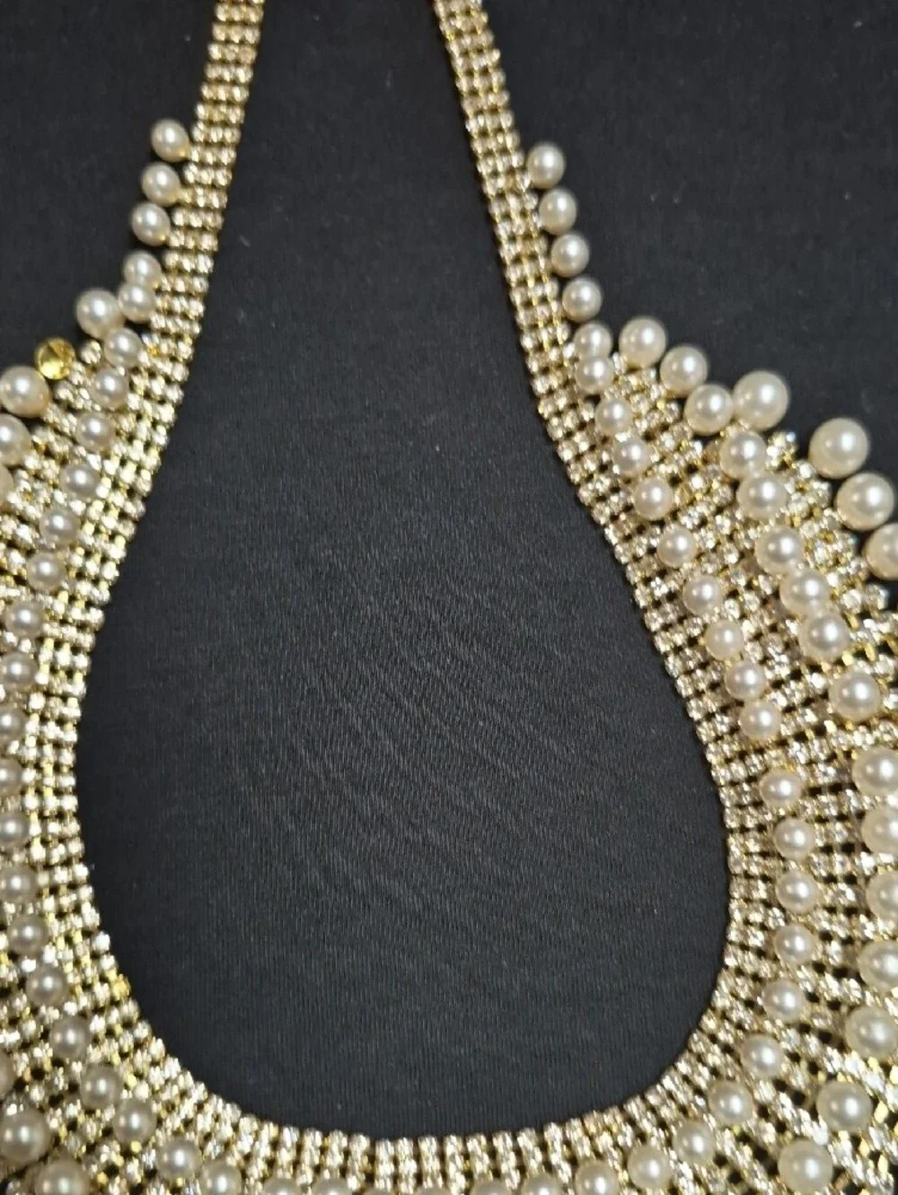Gold Pearl Collar Necklace with Crystal Rows